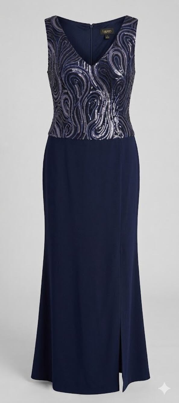 Laundry by Shelli Segal Navy Purple Sequin V-Neck Evening Gown Dress Size 14